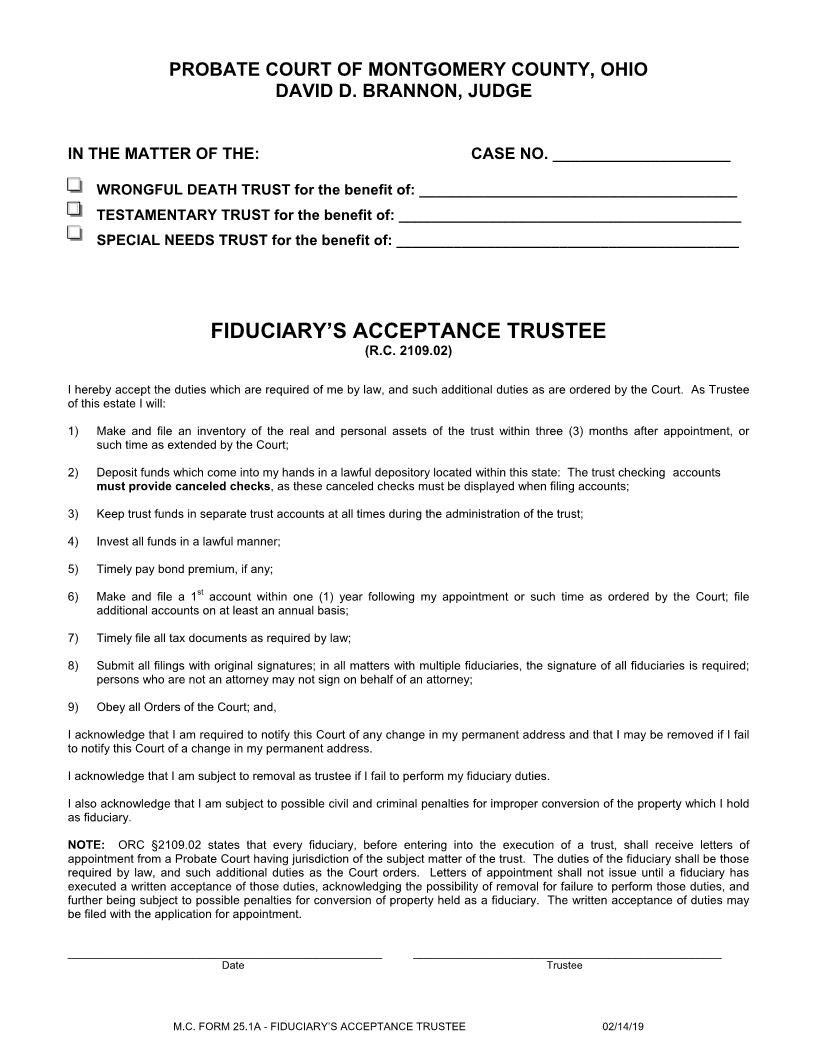 Fiduciarys Acceptance Trustee {25.1A} | Pdf Fpdf Doc Docx | Ohio