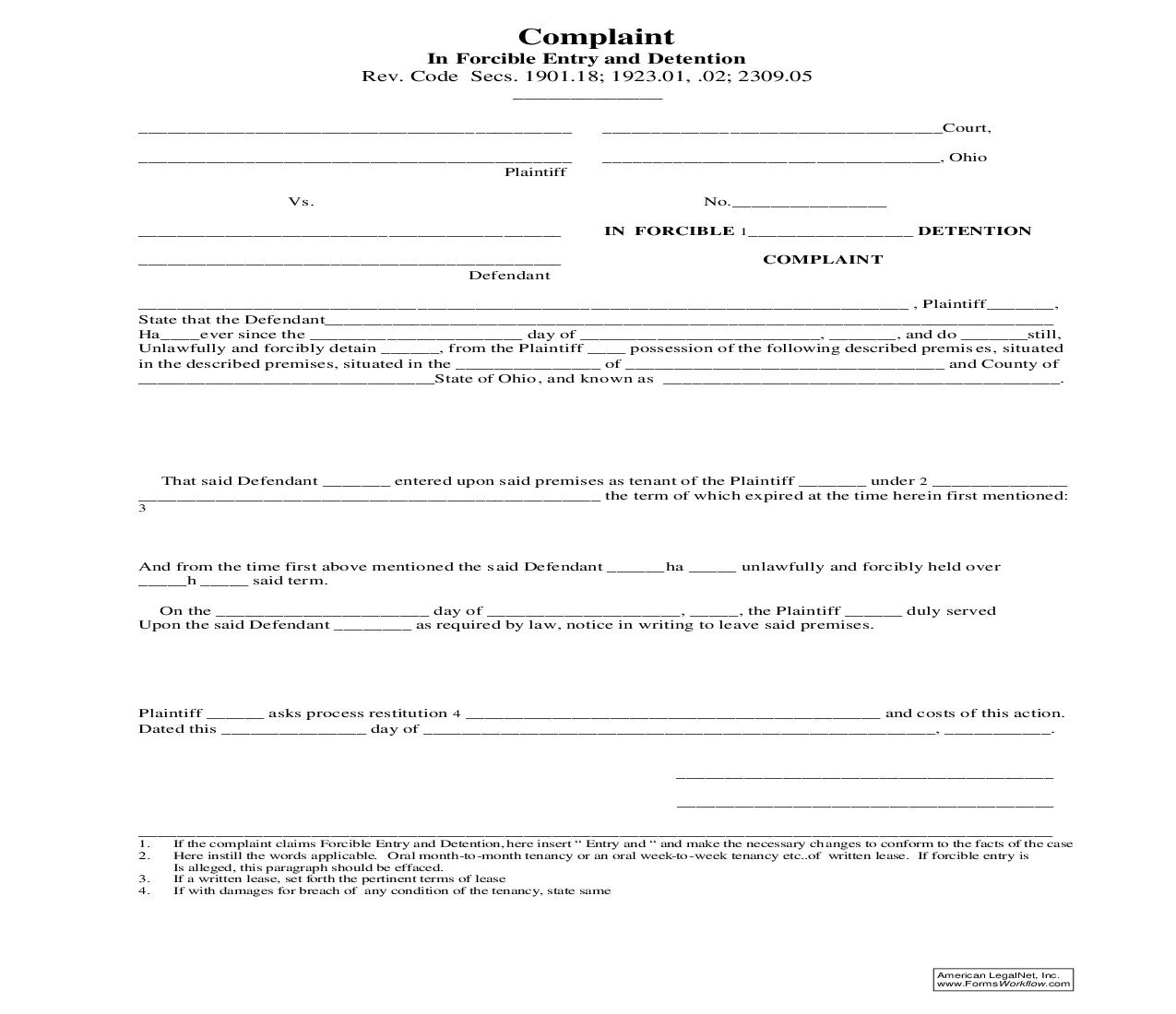 Complaint In Forcible Entry And Detention |  | Ohio
