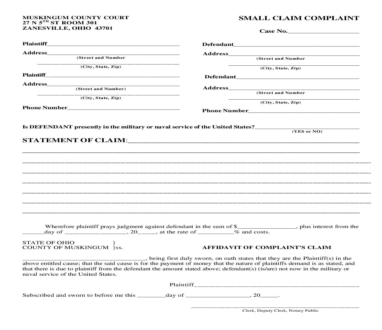Small Claim Complaint | Pdf Fpdf Doc Docx | Ohio