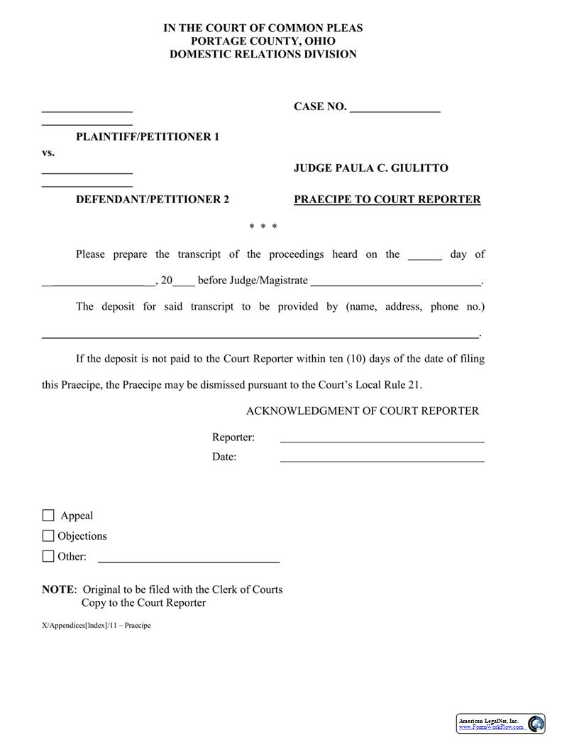 Praecipe To Court Reporter | Pdf Fpdf Docx | Ohio