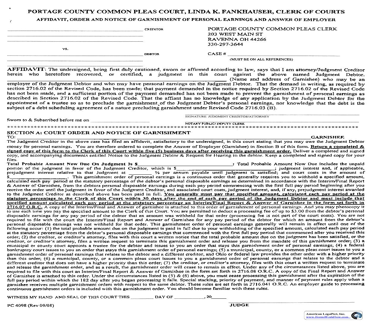 Affidavit Order And Notice Of Garnishment Of Personal Earnings And Answer Of Employer | Pdf Fpdf Doc Docx | Ohio