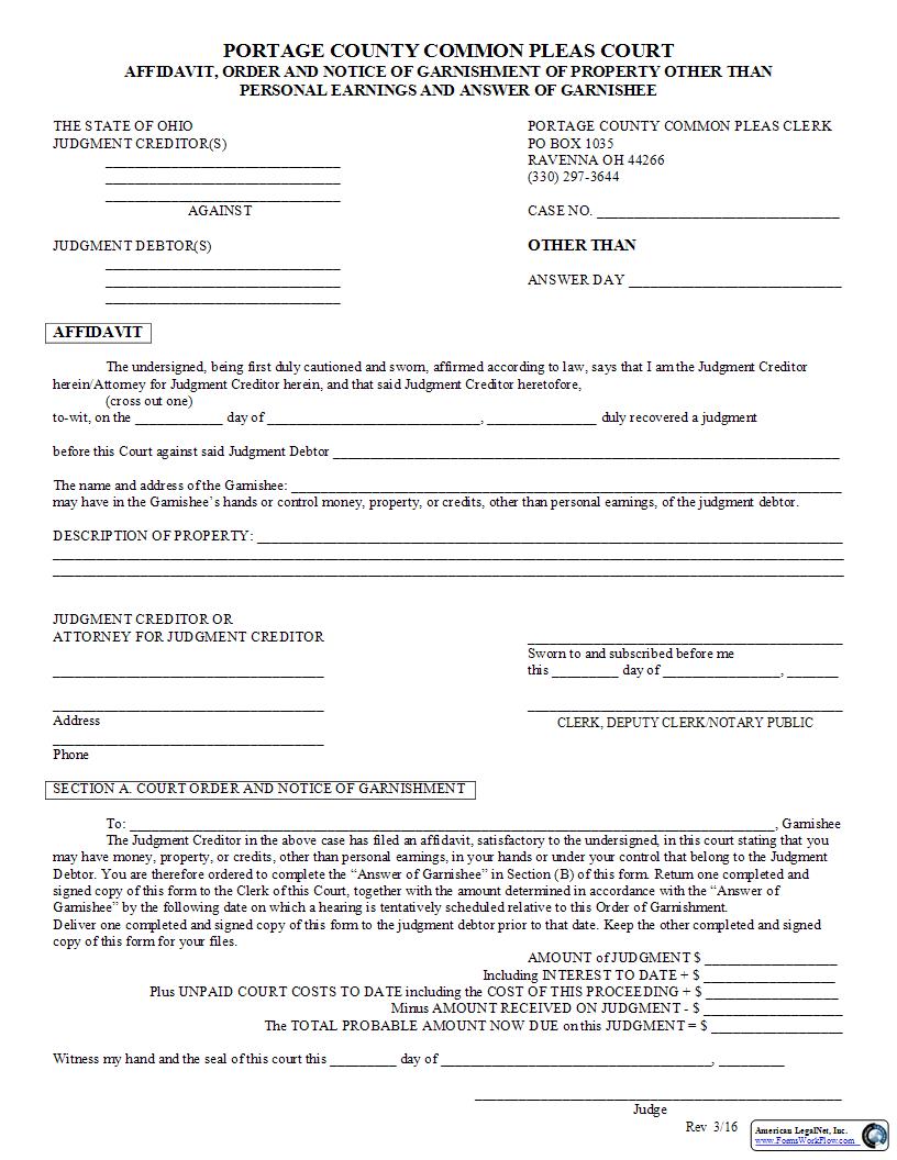 Affidavit Order And Notice Of Garnishment Of Property Other Than Personal Earnings | Pdf Fpdf Docx | Ohio