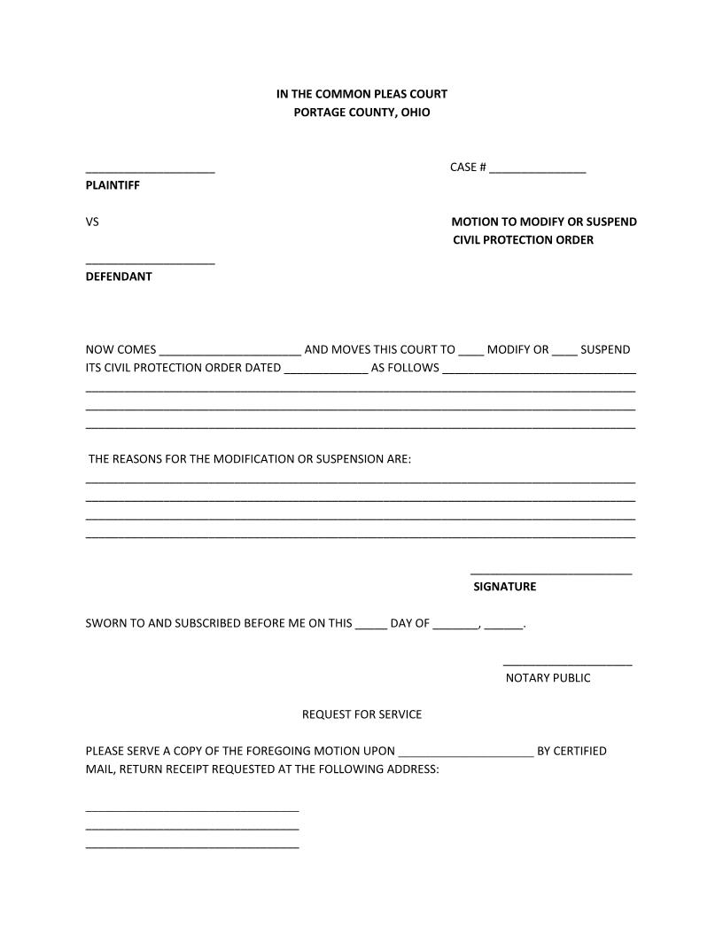 Motion To Modify Or Suspend Civil Protection Order | Pdf Fpdf Doc Docx | Ohio