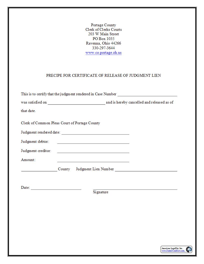 Precipe For Certificate Of Release Of Judgment Lien | Pdf Fpdf Docx | Ohio