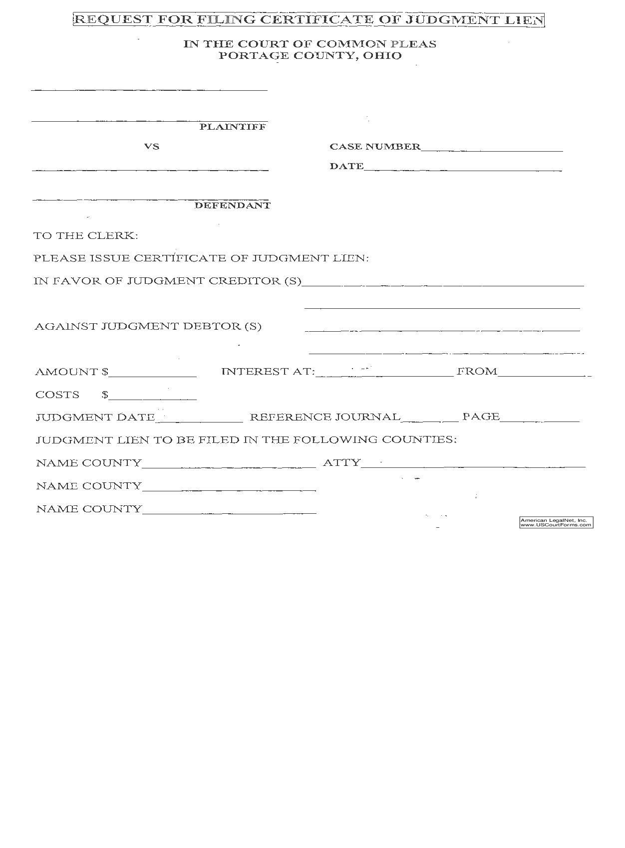 Request For Filing Certificate Of Judgment Lien | Pdf Fpdf Doc Docx | Ohio