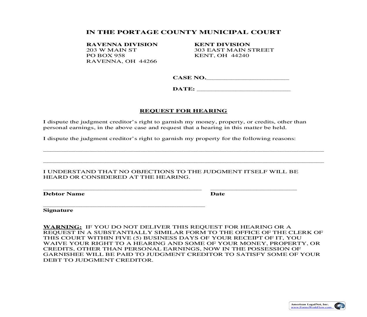 Request For Hearing (Money Property Credits) | Pdf Fpdf Doc Docx | Ohio