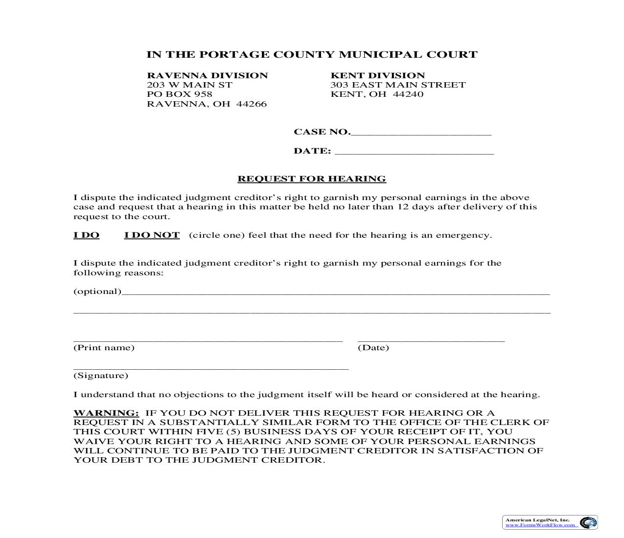 Request For Hearing (Personal Earnings) | Pdf Fpdf Doc Docx | Ohio
