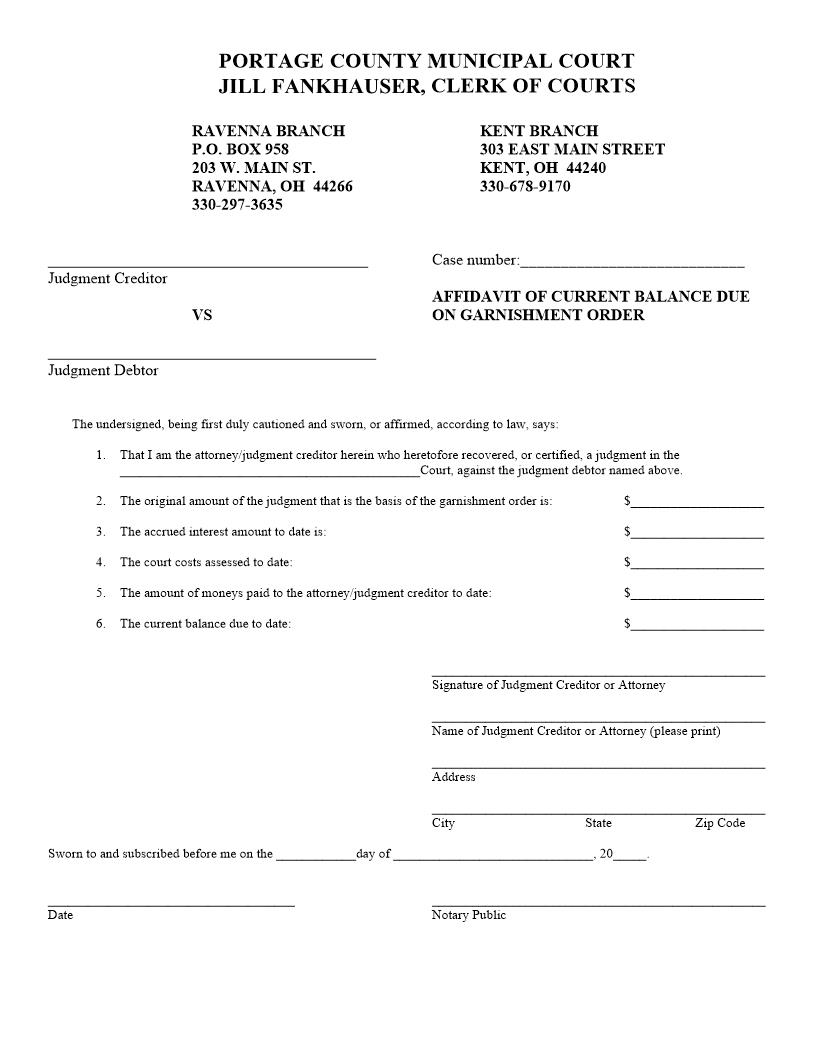 Affidavit Of Current Balance Due On Garnishment Order | Pdf Fpdf Docx | Ohio