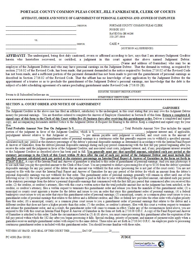 Affidavit Order And Notice Of Garnishment Of Personal Earnings | Pdf Fpdf Docx | Ohio