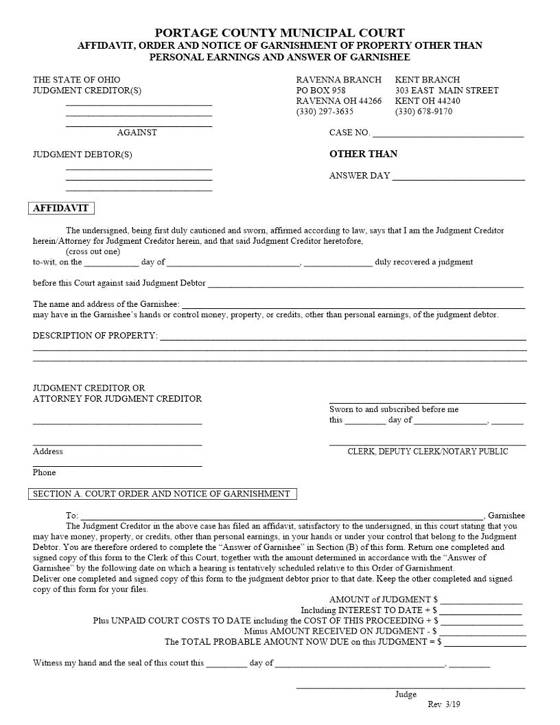 Affidavit-Order And Notice Of Garnishment Of Property Other Than Personal Earnings And Answer Of Garnishee | Pdf Fpdf Docx | Ohio