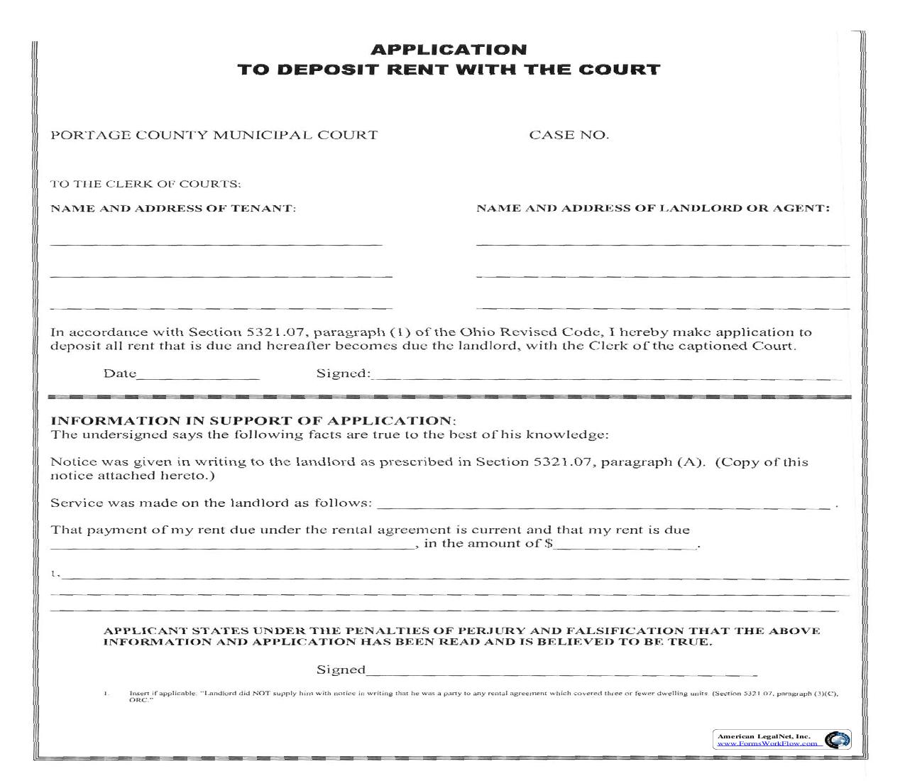 Application To Deposit Rent With The Court | Pdf Fpdf Doc Docx | Ohio
