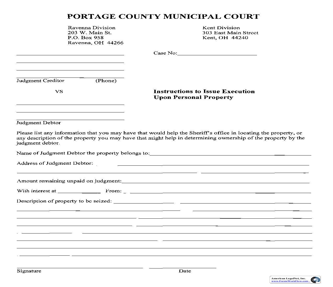 Instructions To Issue Execution Upon Personal Property | Pdf Fpdf Doc Docx | Ohio