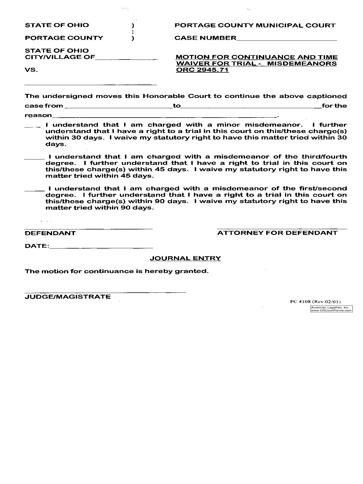 Motion For Continuance And Time Waiver For Trial (Misdemeanors) | Pdf Fpdf Doc Docx | Ohio