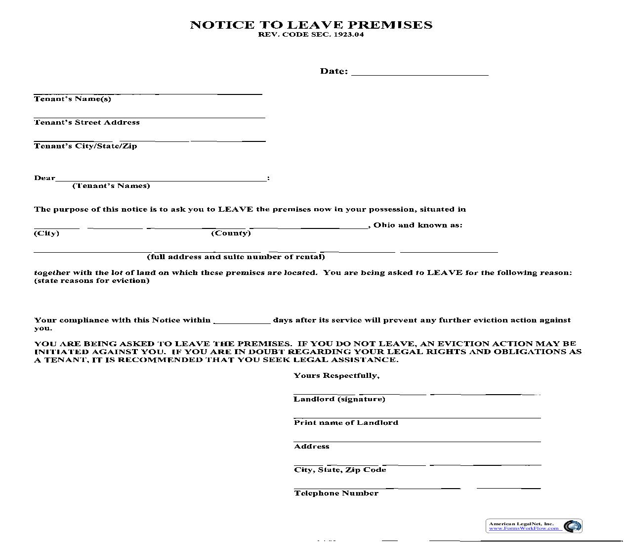Notice To Leave Premises | Pdf Fpdf Doc Docx | Ohio
