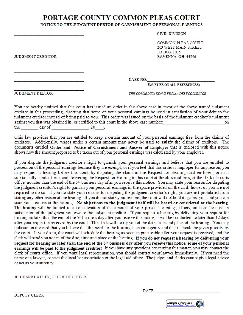 Notice To The Judgment Debtor Of Garnishment Of Personal Earnings | Pdf Fpdf Docx | Ohio
