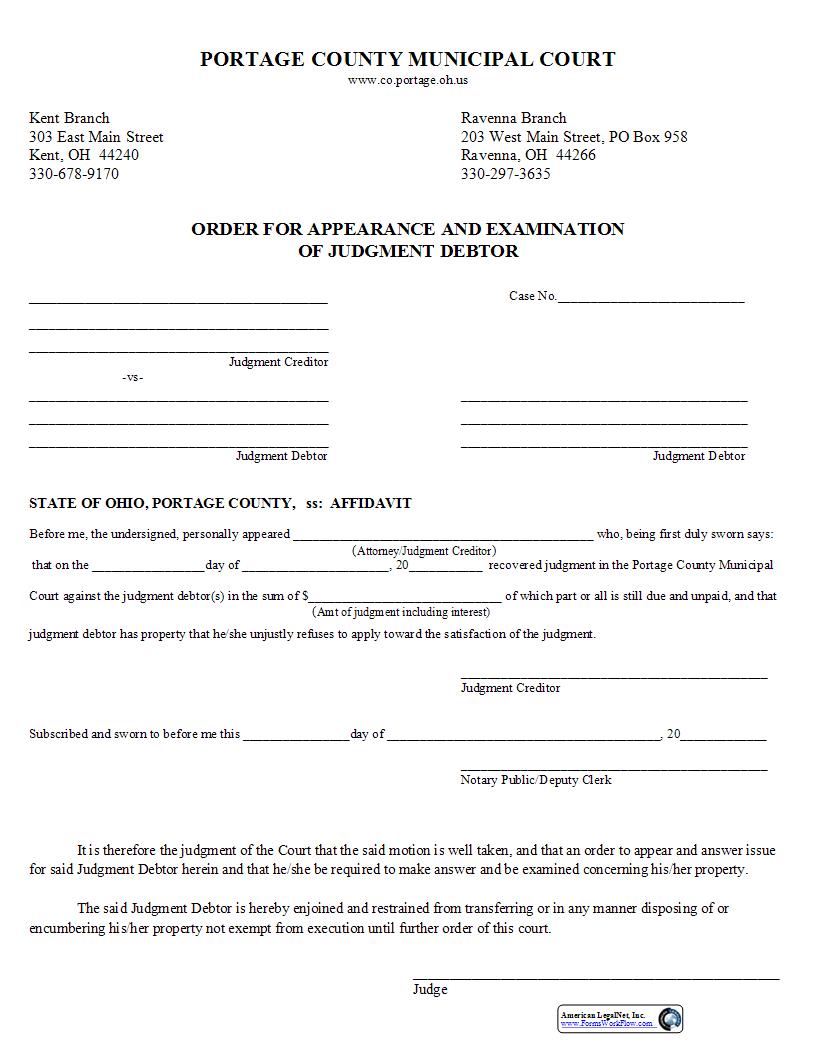 Order For Appearance And Examination Of Judgment Debtor | Pdf Fpdf Docx | Ohio