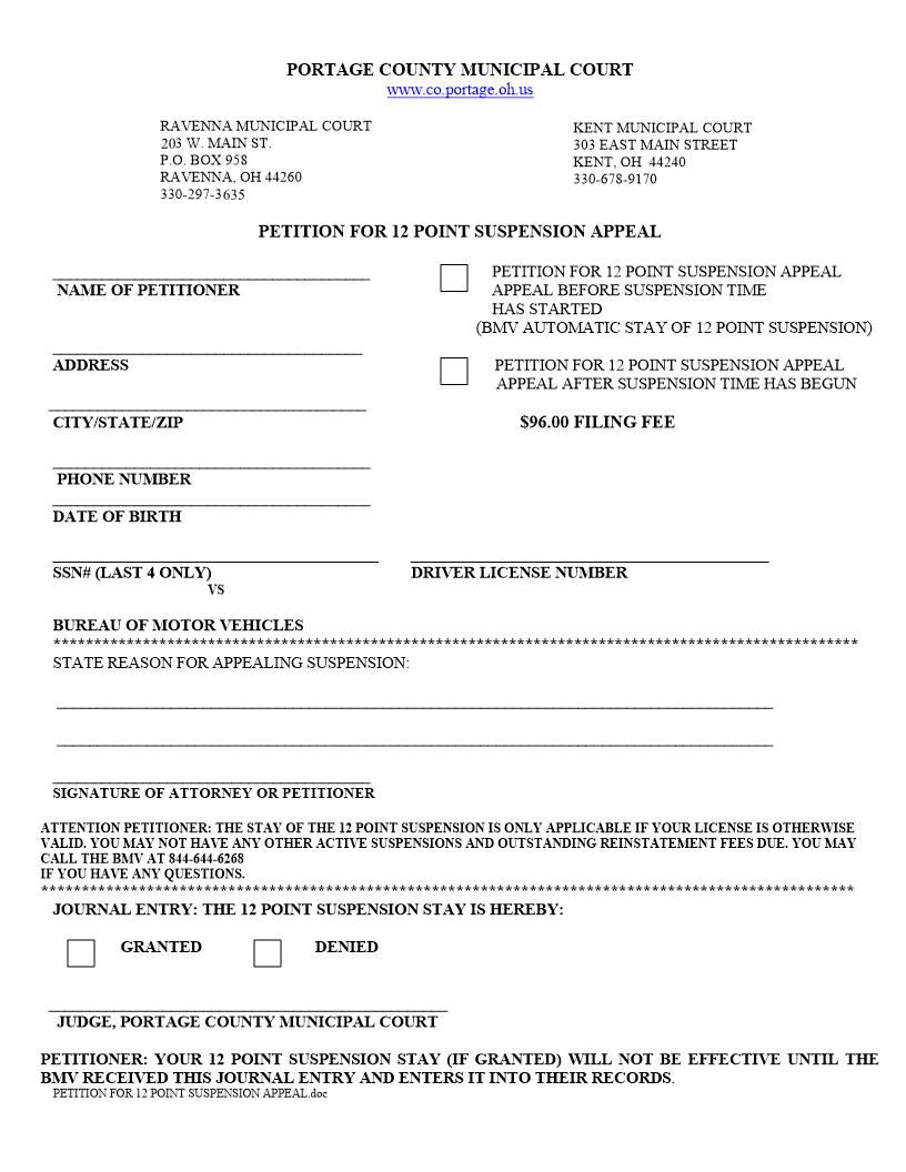 Petition For 12 Point Suspension Appeal | Pdf Fpdf Doc Docx | Ohio