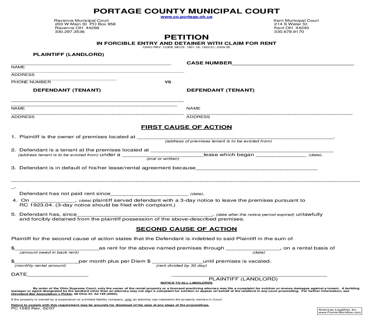 Petition In Forcible Entry And Detention With Claim For Rent | Pdf Fpdf Doc Docx | Ohio