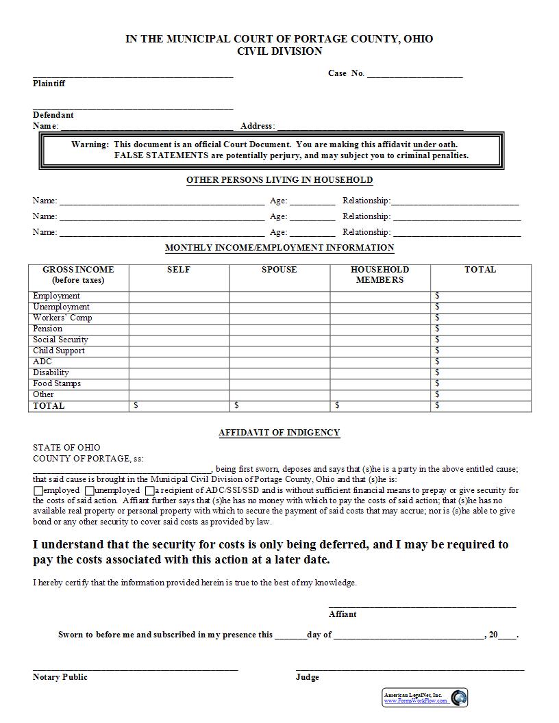 Poverty Affidavit | Pdf Fpdf Docx | Ohio