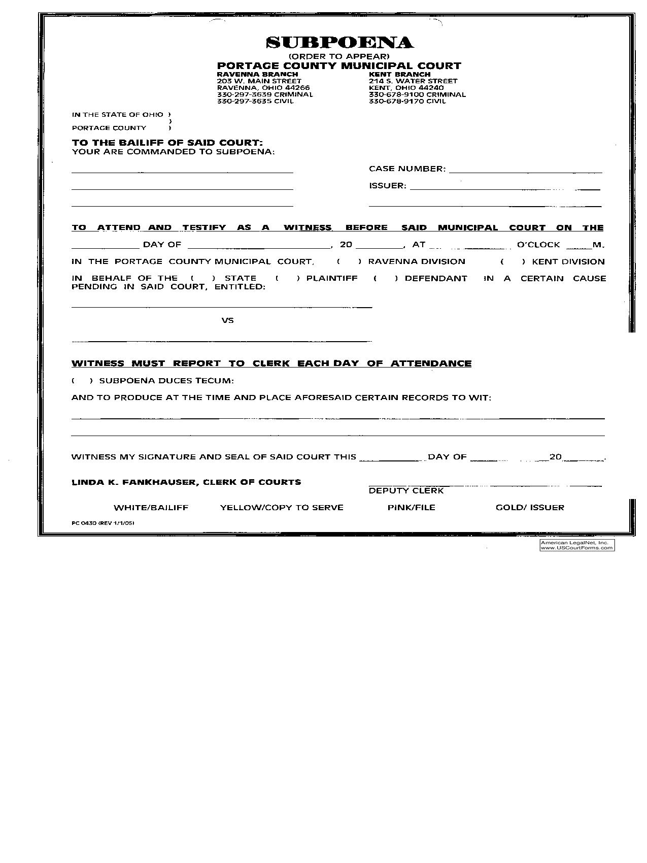 Subpoena (Order To Appear) |  | Ohio