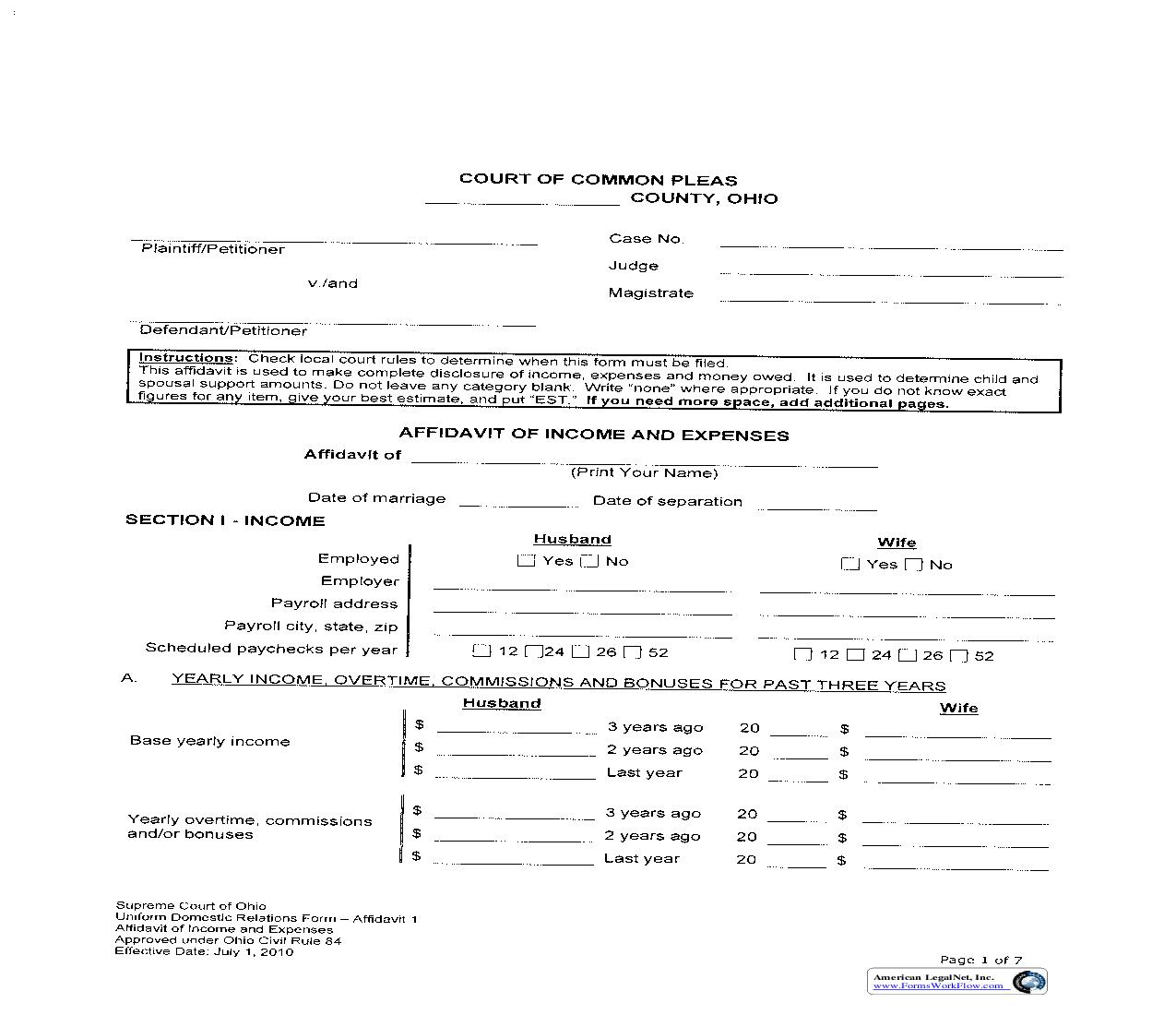 Affidavit Of Income And Expenses {DR-1} | Pdf Fpdf Doc Docx | Ohio