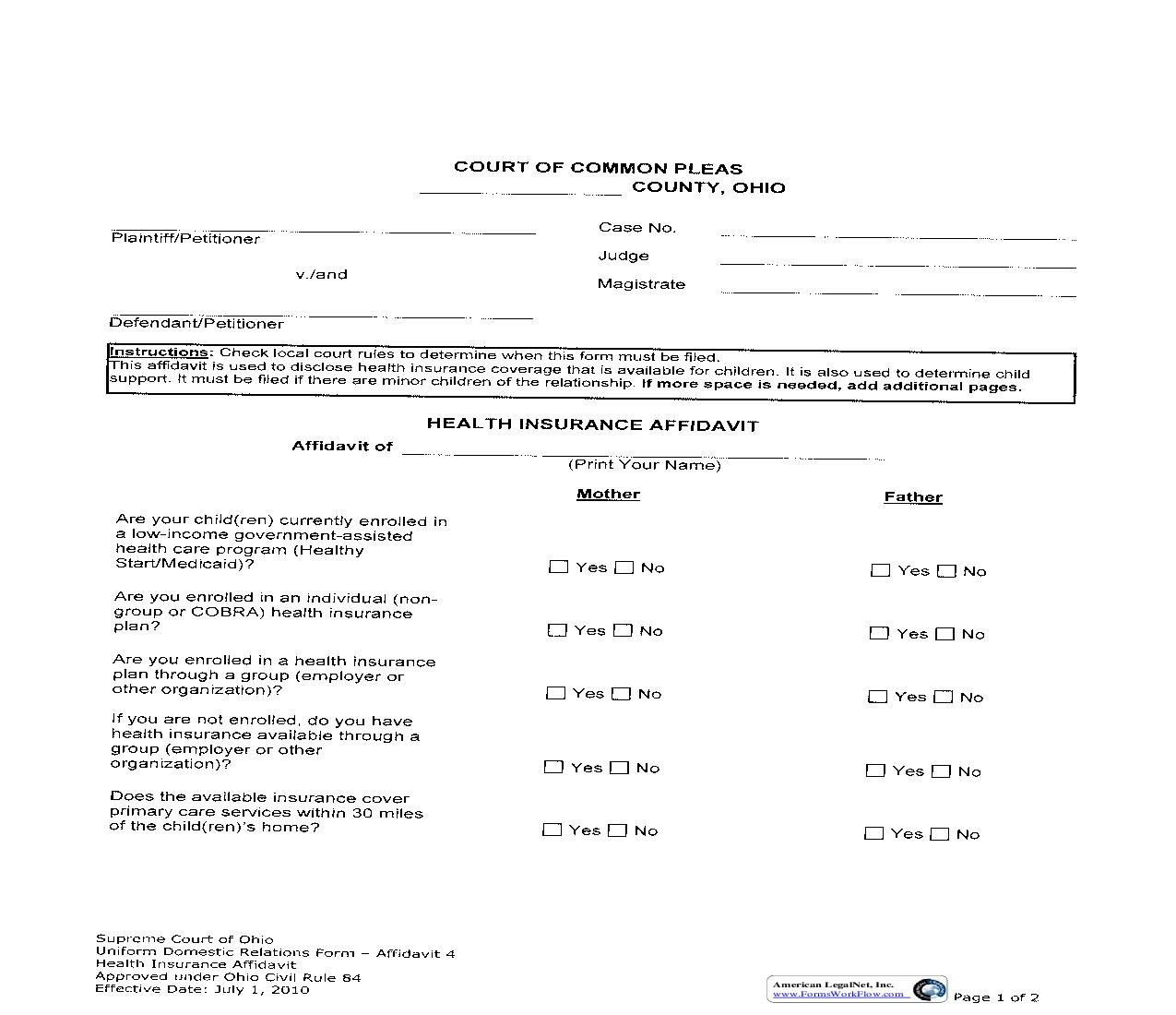 Health Insurance Affidavit {DR-4} | Pdf Fpdf Doc Docx | Ohio