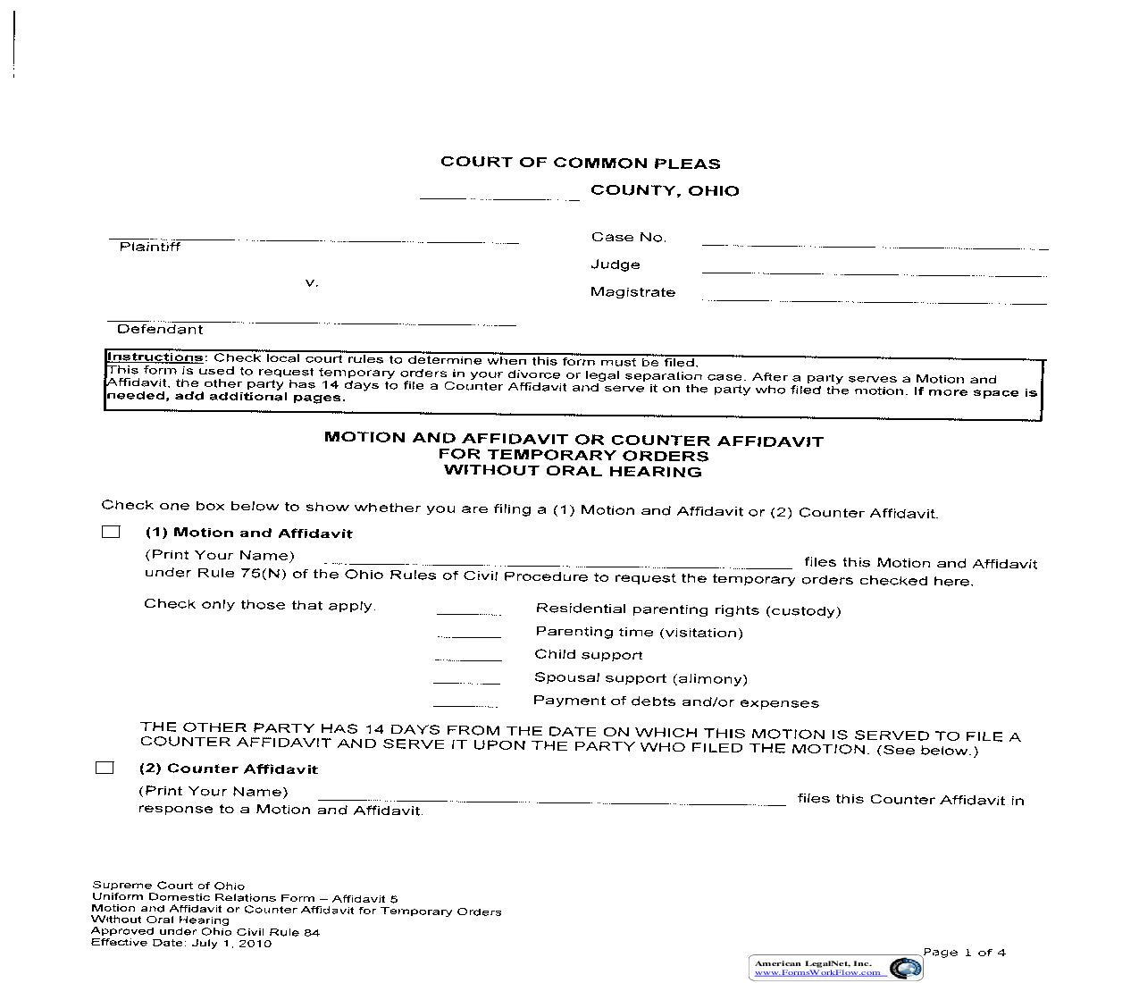 Motion And Affidavit Or Counter Affidavit For Temporary Orders Without Oral Hearing {DR-5} | Pdf Fpdf Doc Docx | Ohio