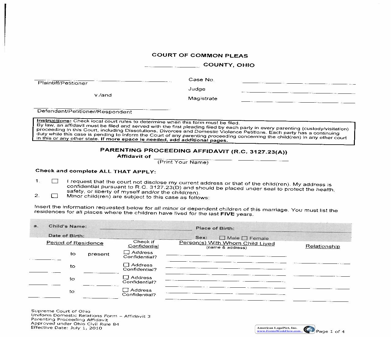 Parenting Proceeding Affidavit {DR-3} | Pdf Fpdf Doc Docx | Ohio