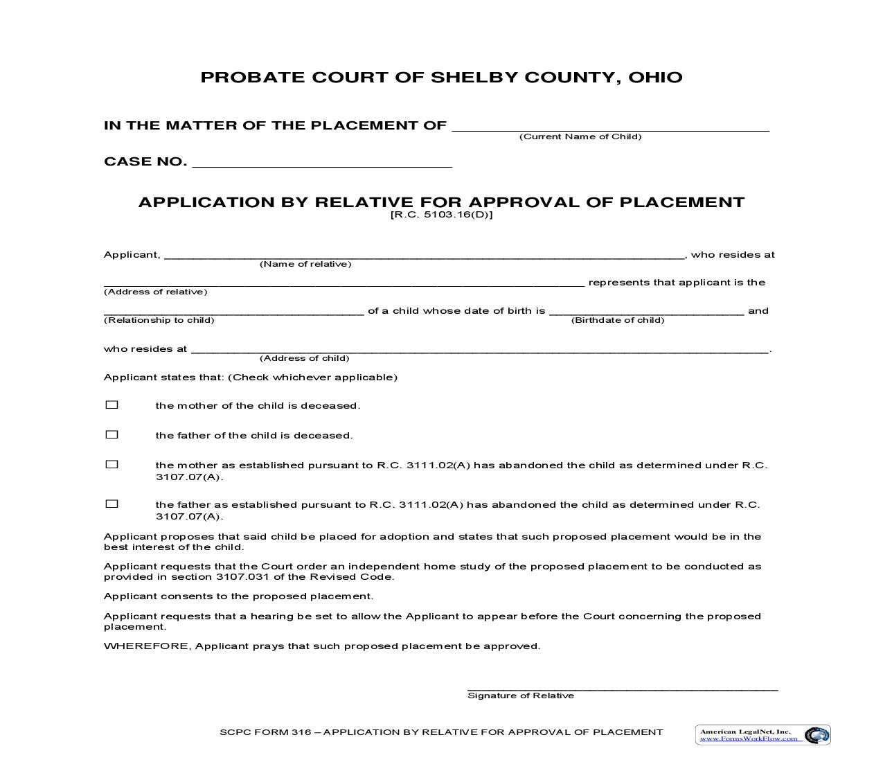 Application By Relative For Approval Of Placement {316} | Pdf Fpdf Doc Docx | Ohio