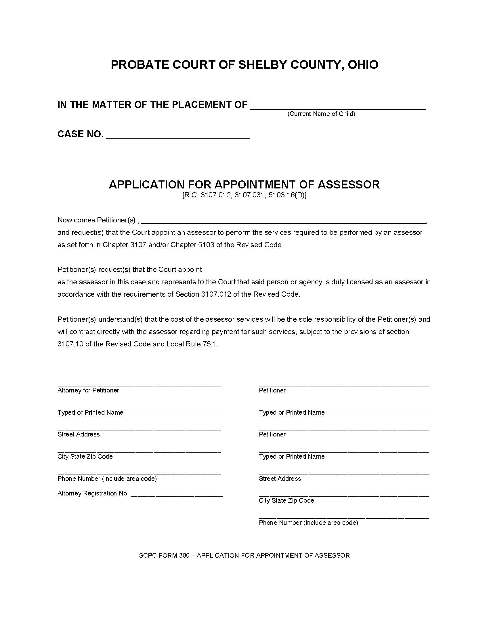 Application For Appointment Of Assessor {300} | Pdf Fpdf Docx | Ohio
