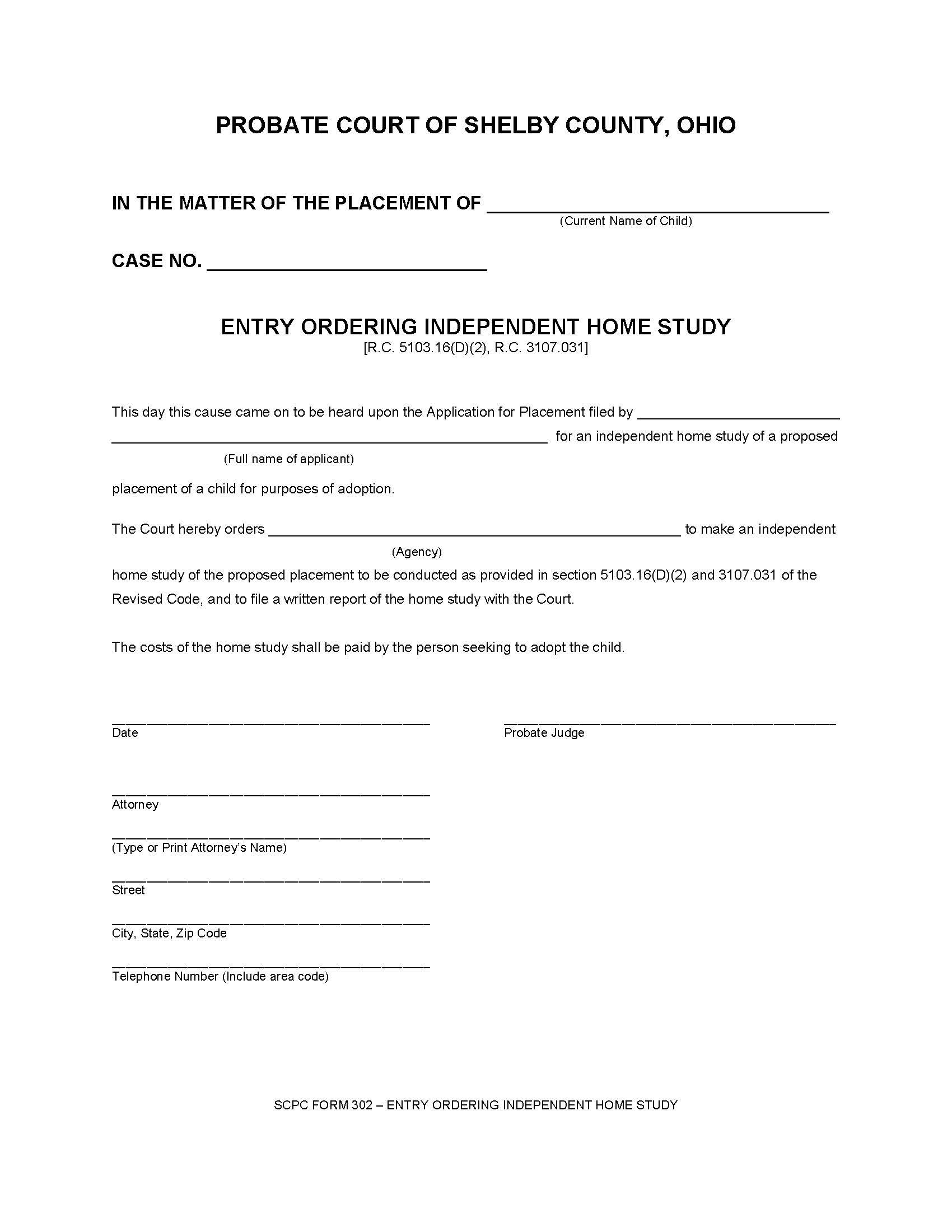 Entry Ordering Independent Home Study {302} | Pdf Fpdf Docx | Ohio