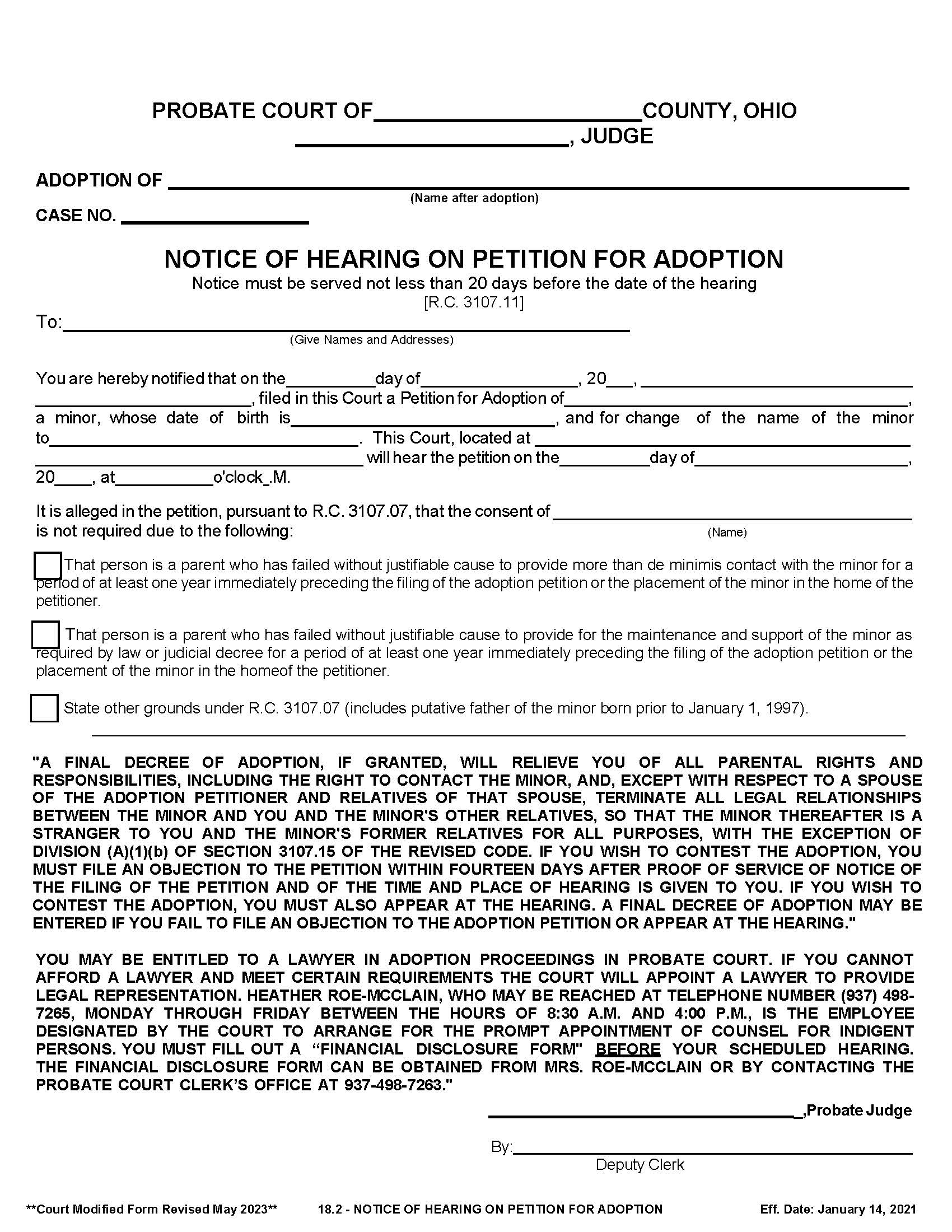 Notice Of Hearing On Petition For Adoption (Shelby) {18.2} | Pdf Fpdf Docx | Ohio