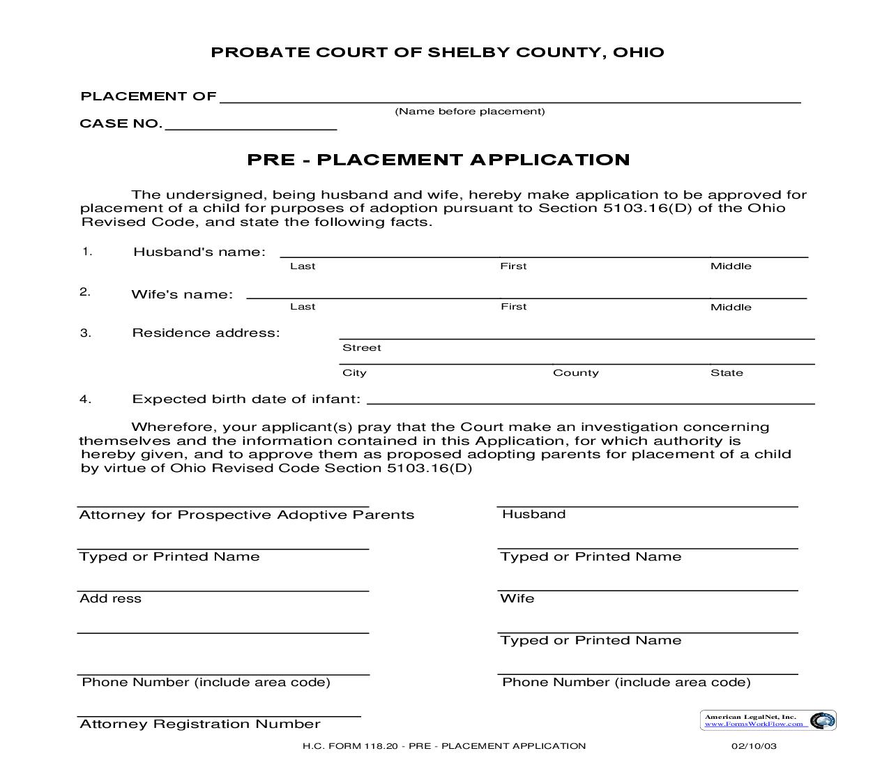 Pre Placement Application {118.20} | Pdf Fpdf Doc Docx | Ohio