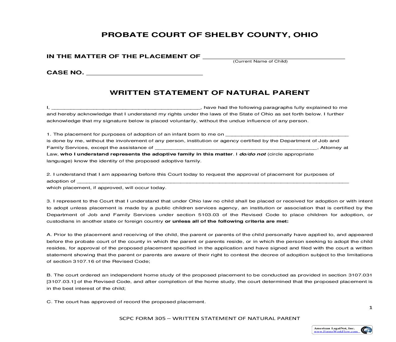 Written Statement Of Natural Parent {305} | Pdf Fpdf Doc Docx | Ohio
