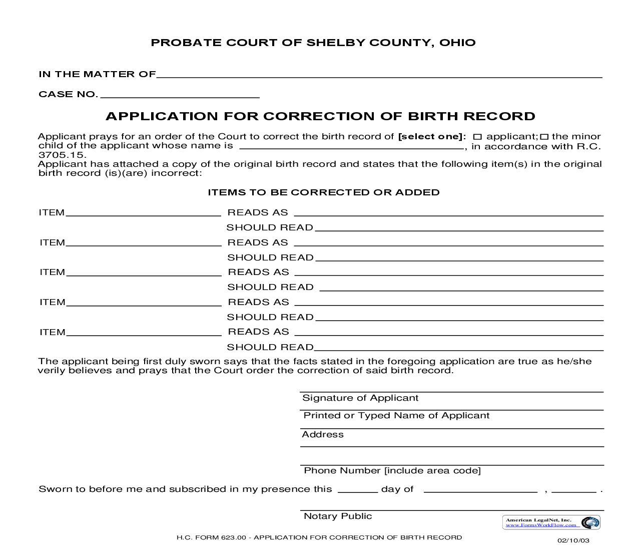 Application For Correction Of Birth Record {623.00} | Pdf Fpdf Doc Docx | Ohio