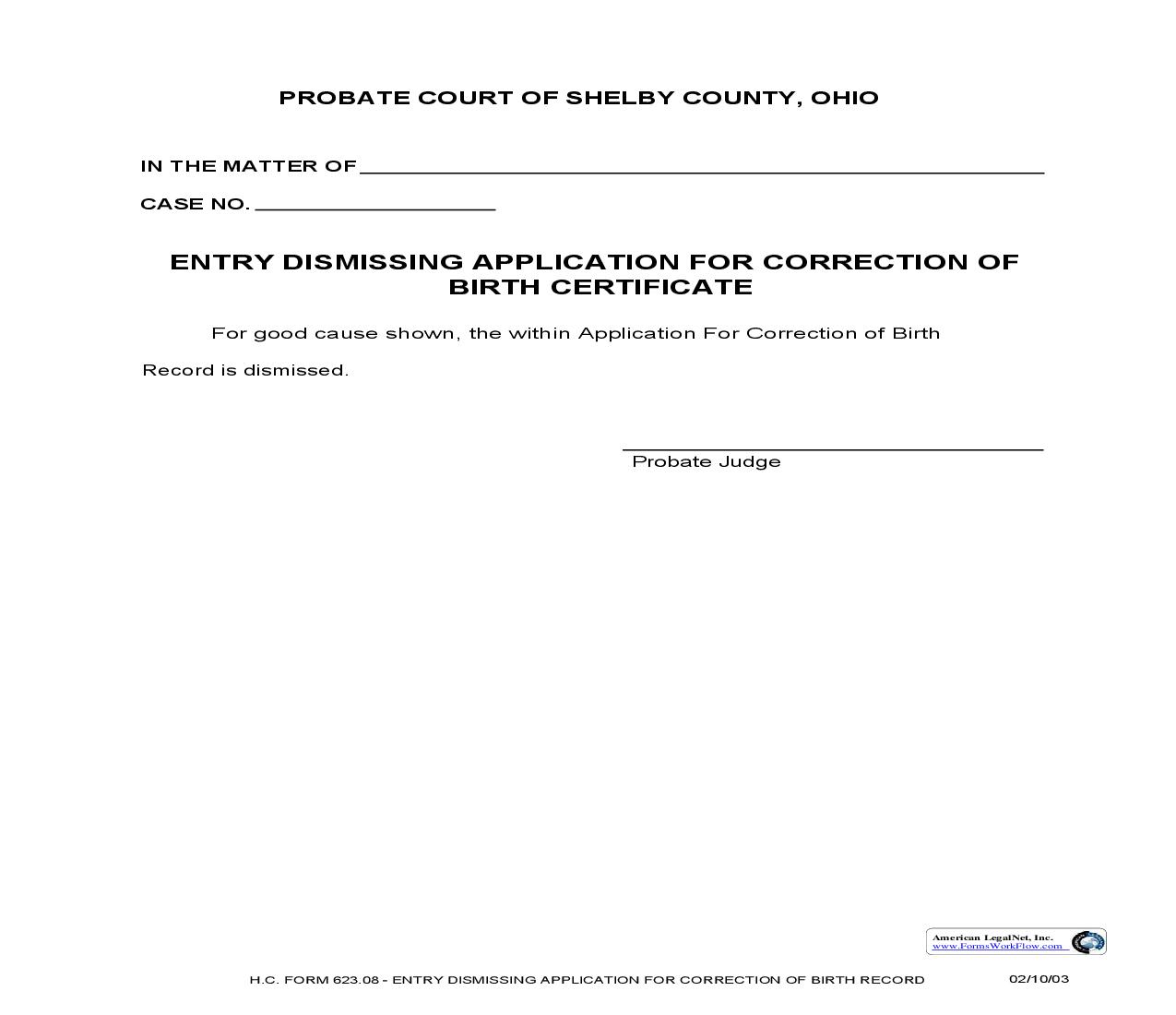 Entry Dismissing Application For Correction Of Birth Certificate {623.08} | Pdf Fpdf Doc Docx | Ohio
