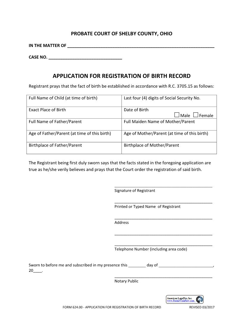 Application For Registration Of Birth Record {624.00} | Pdf Fpdf Docx | Ohio