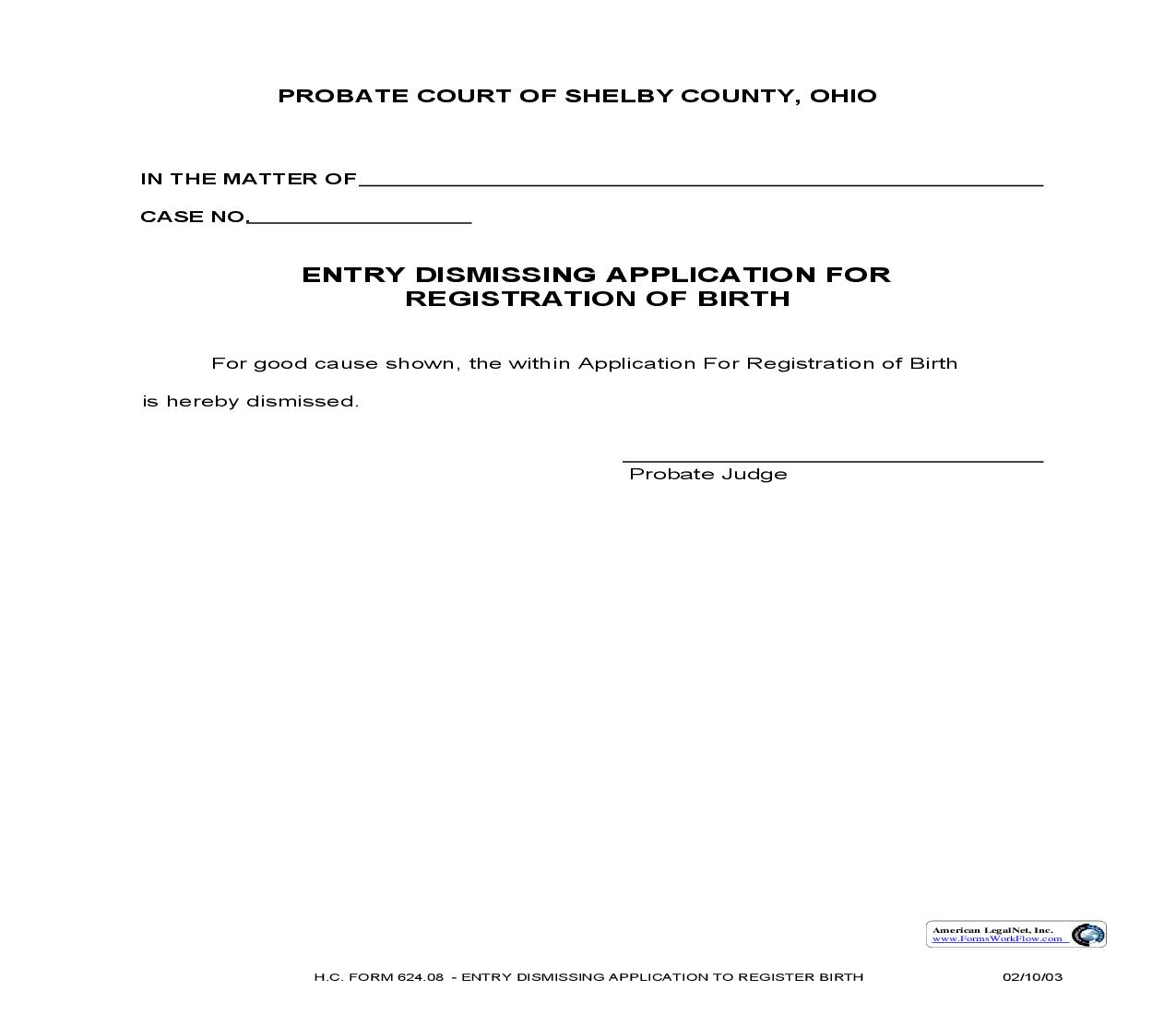 Entry Dismissing Application For Registration Of Birth {624.08} | Pdf Fpdf Doc Docx | Ohio