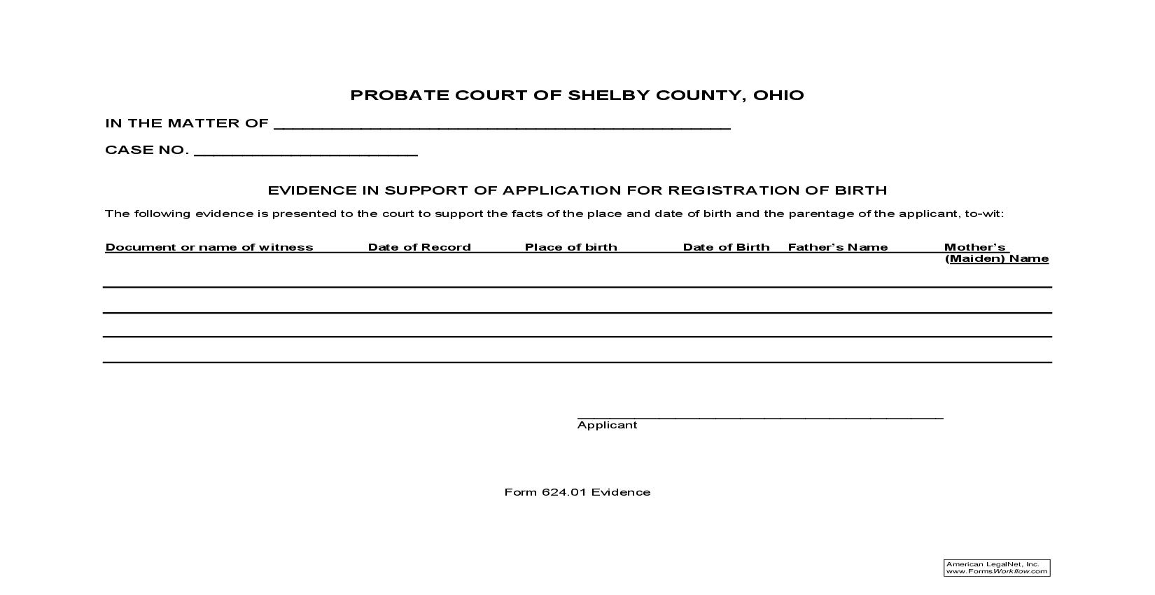 Evidence In Support Of Application For Registration Of Birth {624.01} | Pdf Fpdf Doc Docx | Ohio