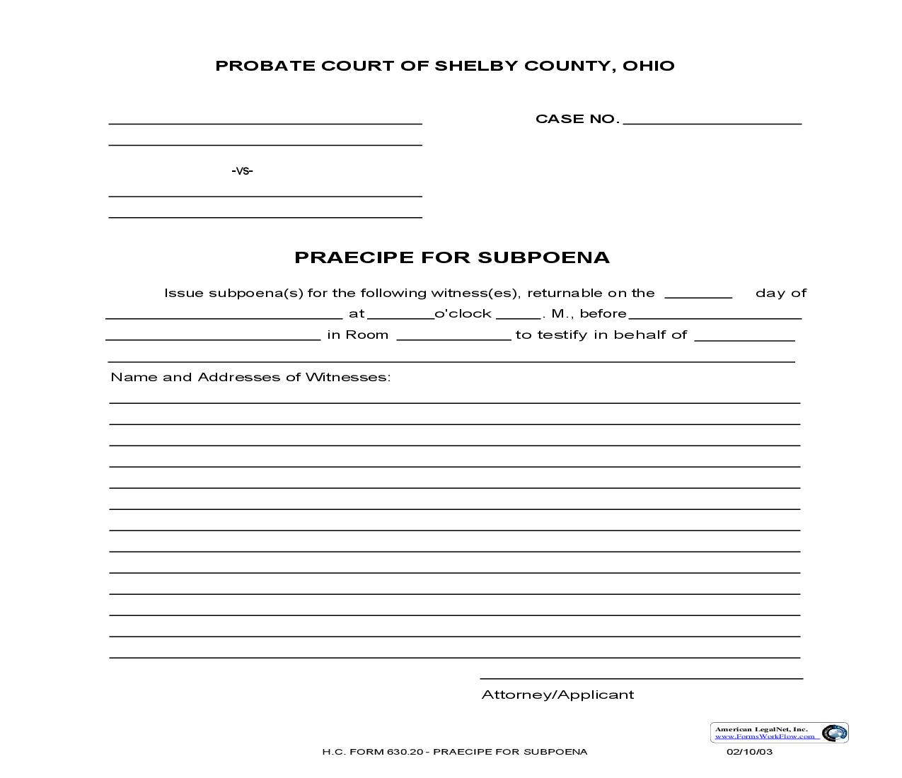 Praecipe For Subpoena {630.20} | Pdf Fpdf Doc Docx | Ohio