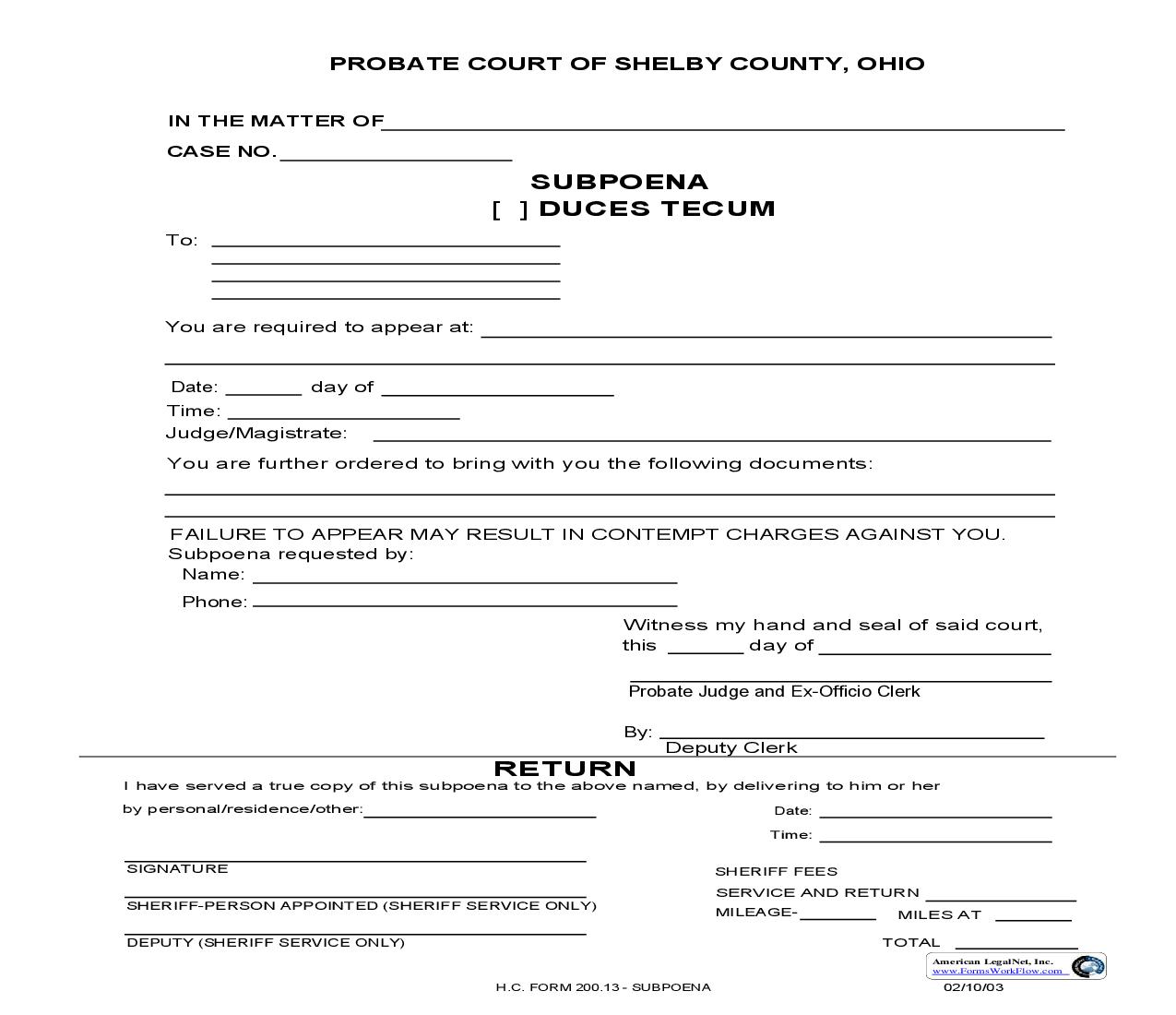 Subpoena Duces Tecum {200.13} | Pdf Fpdf Doc Docx | Ohio