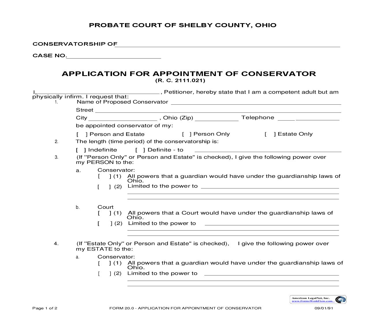 Application For Appointment Of Conservator {20.0} | Pdf Fpdf Doc Docx | Ohio