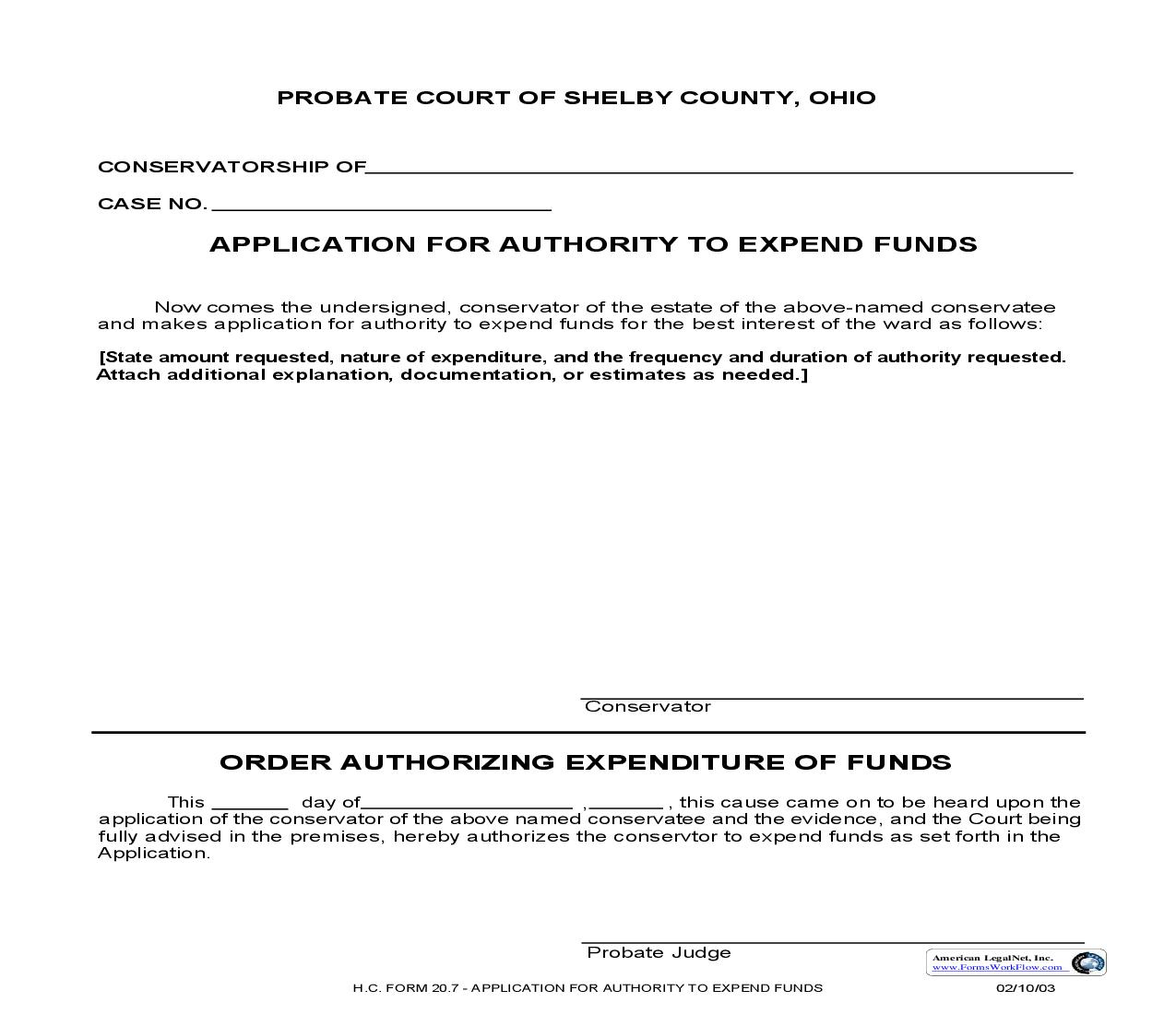 Application For Authority To Expend Funds {20.7} | Pdf Fpdf Doc Docx | Ohio