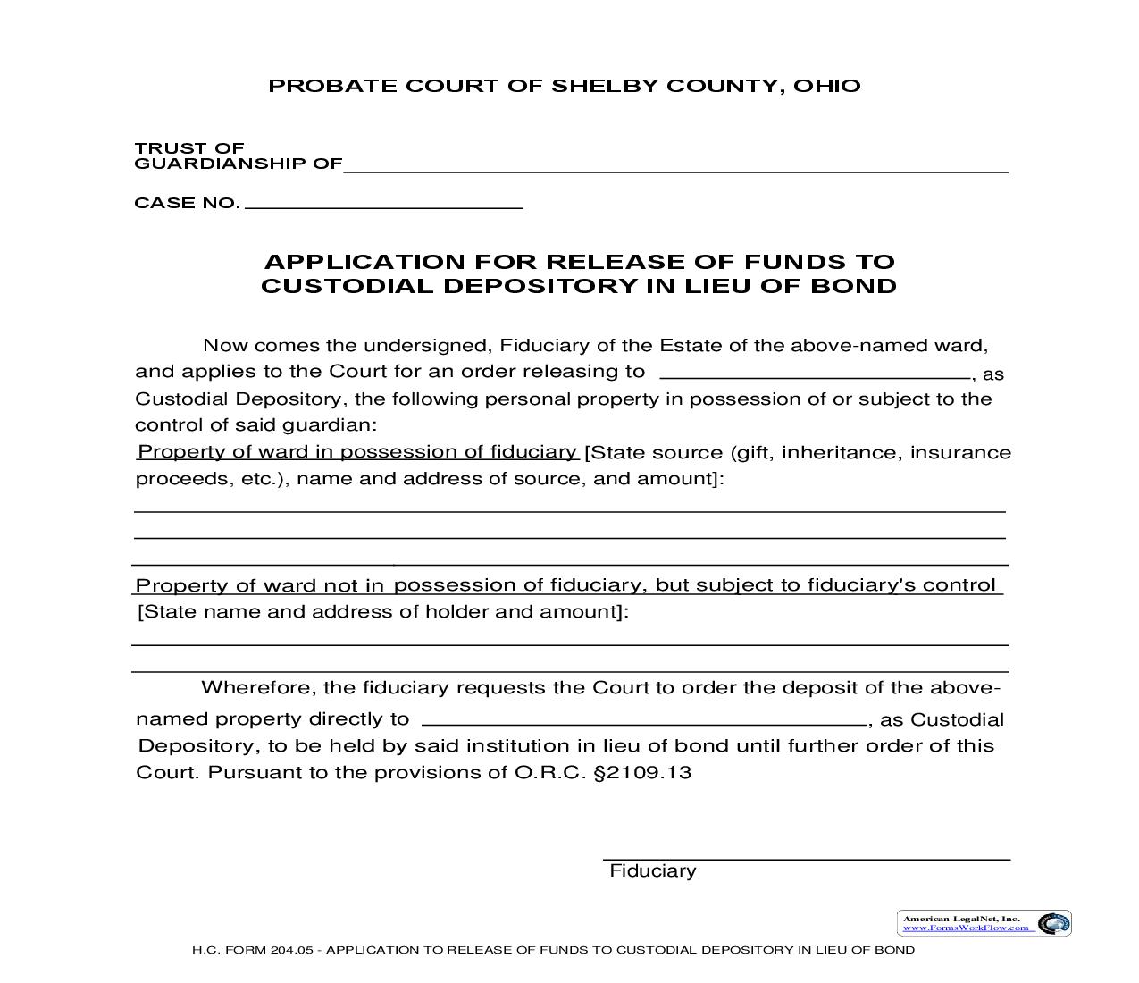 Application For Release Of Funds To Custodial Depository In Lieu Of Bond {204.05} | Pdf Fpdf Doc Docx | Ohio