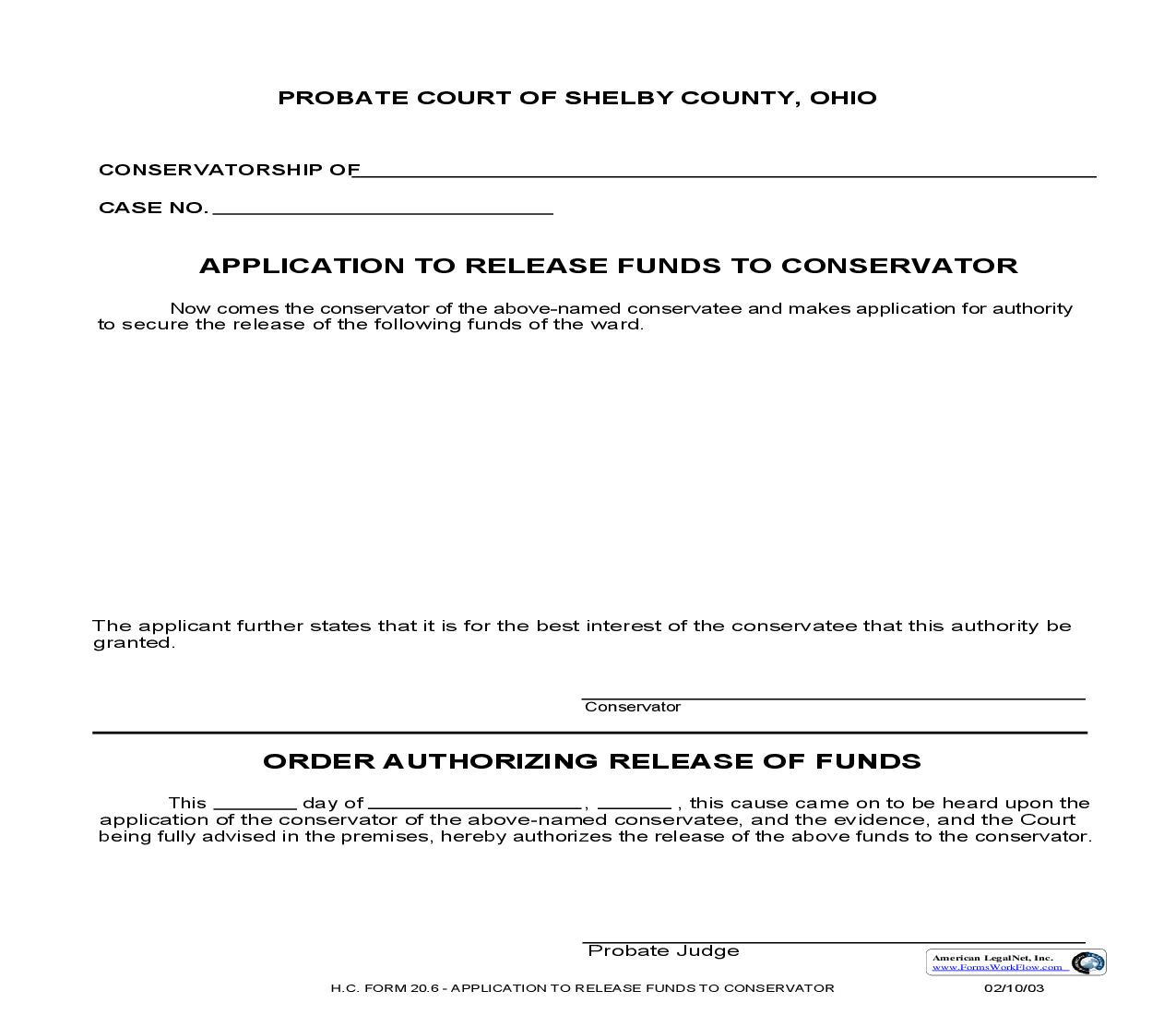 Application To Release Funds To Conservator {20.6} | Pdf Fpdf Doc Docx | Ohio