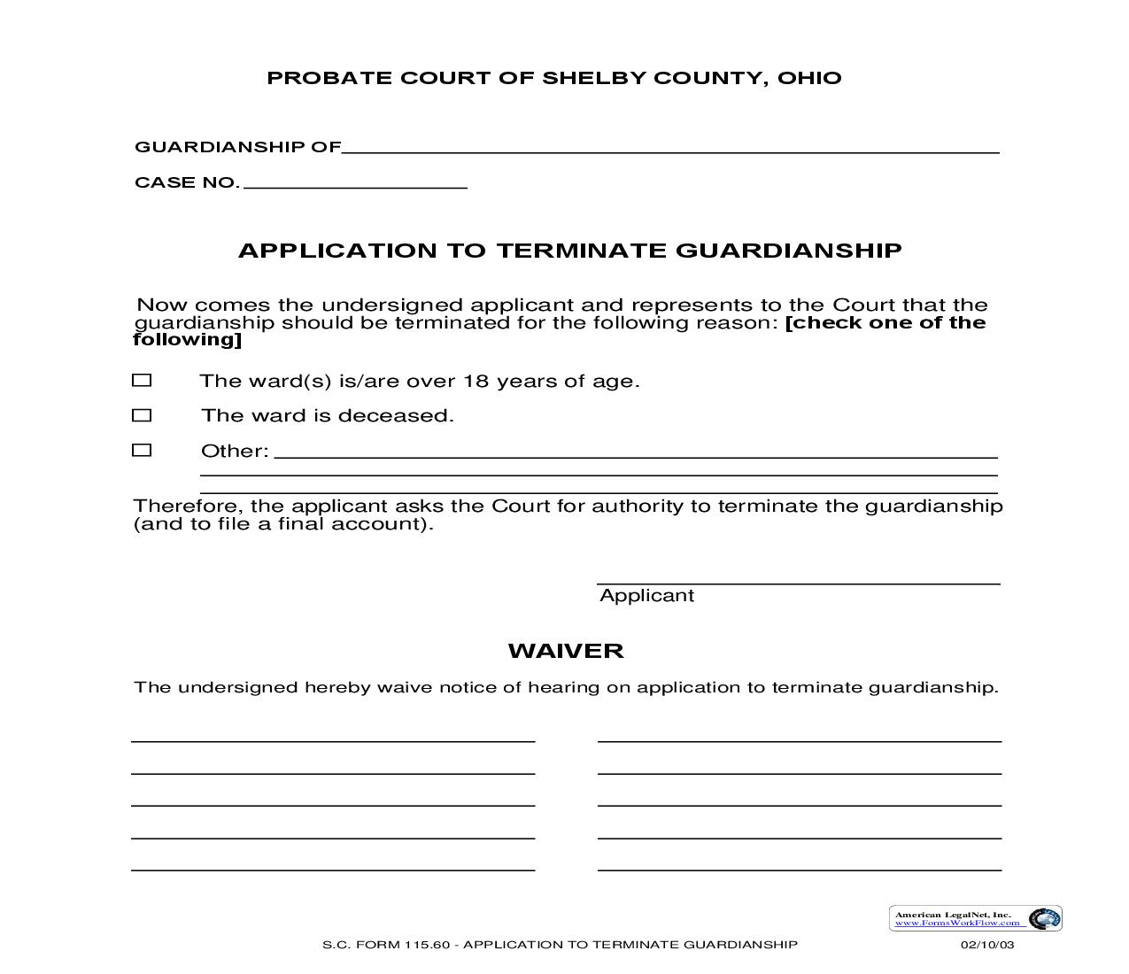 Application To Terminate Guardianship {115.60} | Pdf Fpdf Doc Docx | Ohio