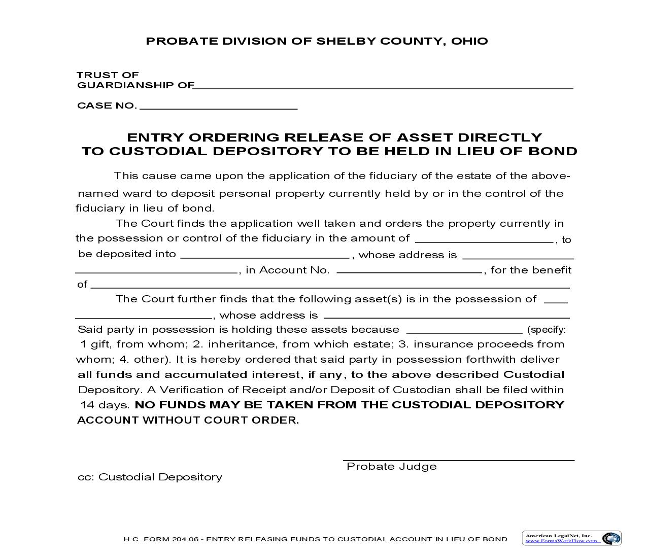 Entry Ordering Release Of Asset Directly To Custodial Depository To Be Held  In Lieu Of Bond {204.06} | Pdf Fpdf Doc Docx | Ohio
