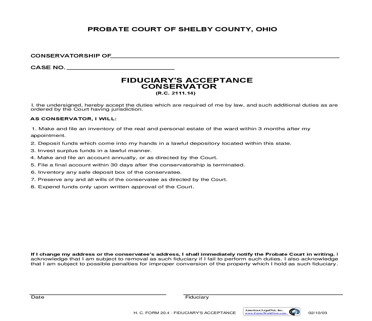 Fiduciarys Acceptance Conservator {20.4} | Pdf Fpdf Doc Docx | Ohio