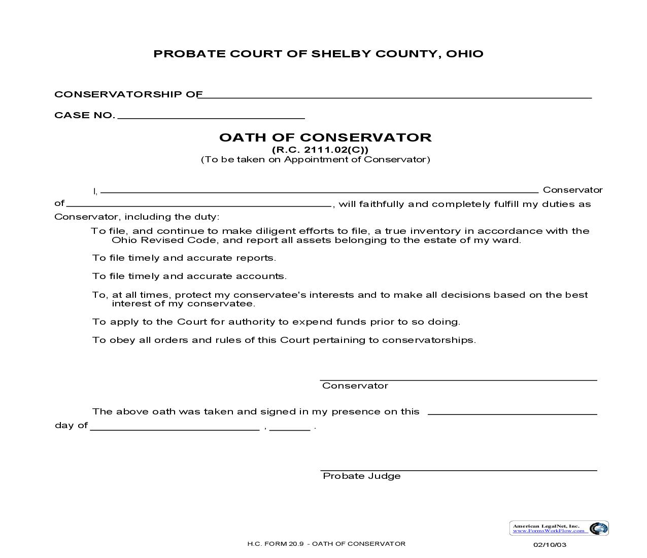 Oath Of Conservator {20.9} | Pdf Fpdf Doc Docx | Ohio