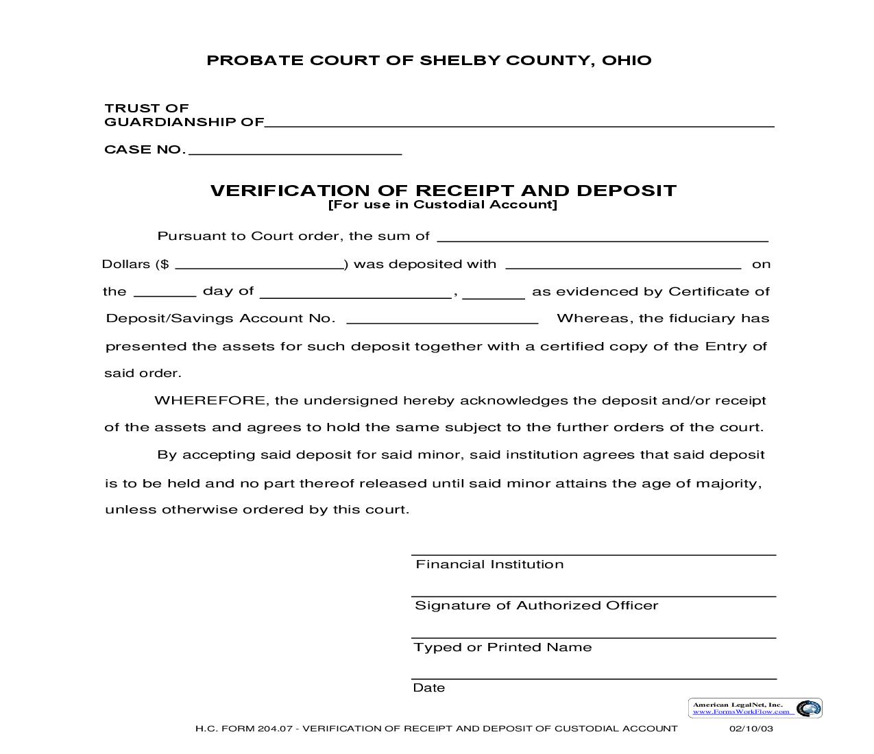 Verification Of Receipt And Deposit {204.07} | Pdf Fpdf Doc Docx | Ohio
